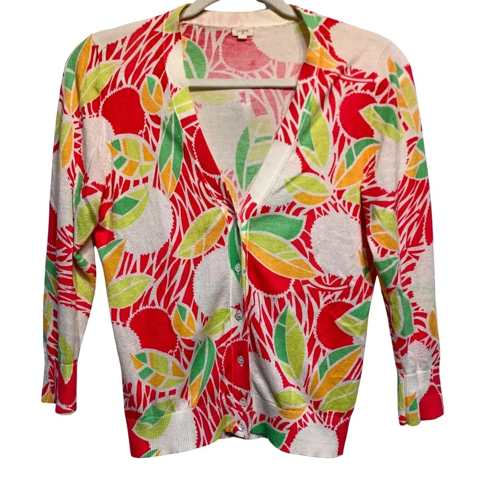 J. Crew Cardigan Women S Multicolor Tropical Leaf Print Cotton Button Front‎
